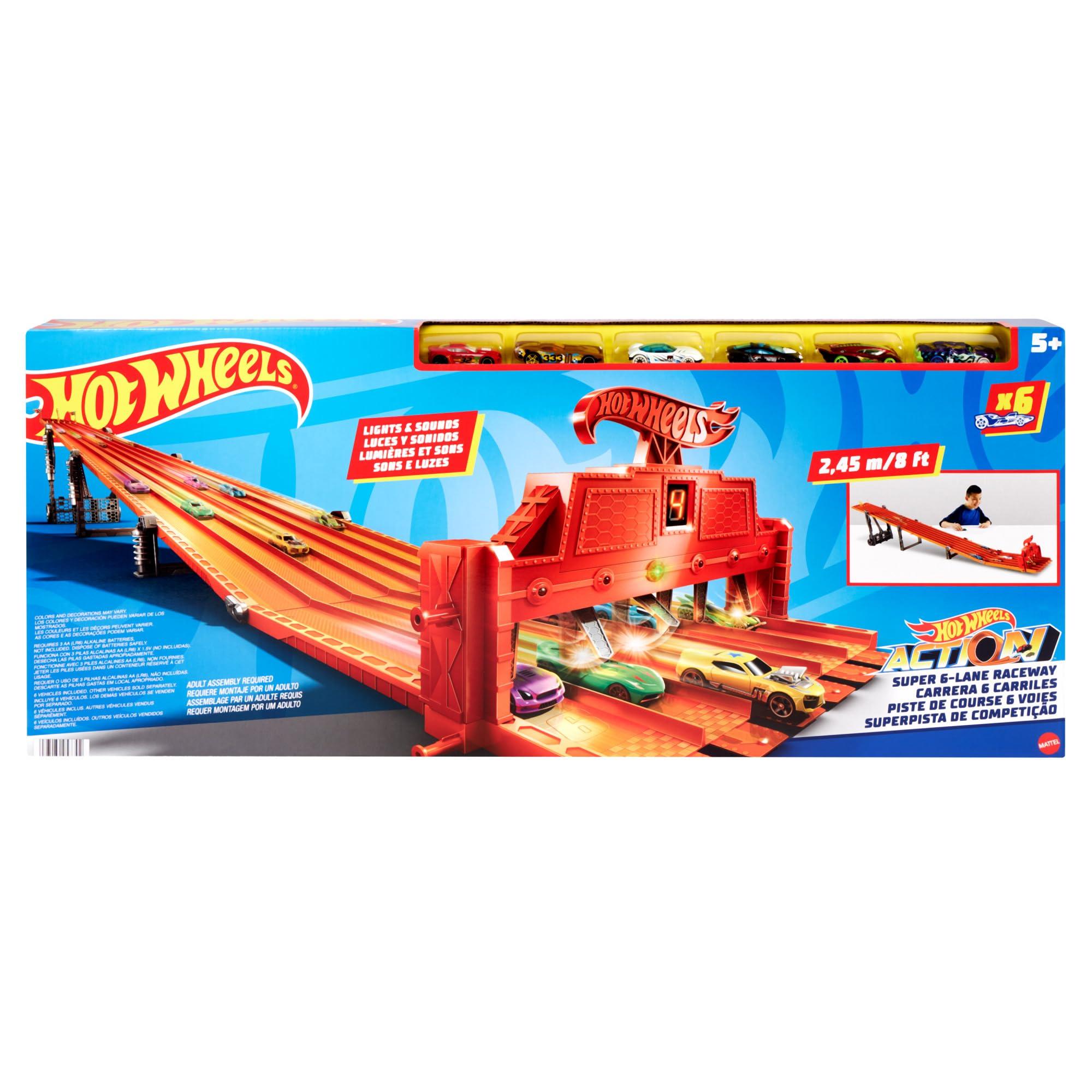 Hot Wheels Hot Wheels Toy Car Playset with Lights, Sounds & 6 1:64 Scale Vehicles, Super 6-Lane Raceway, 8-Foot Track That Rolls Up for Storage