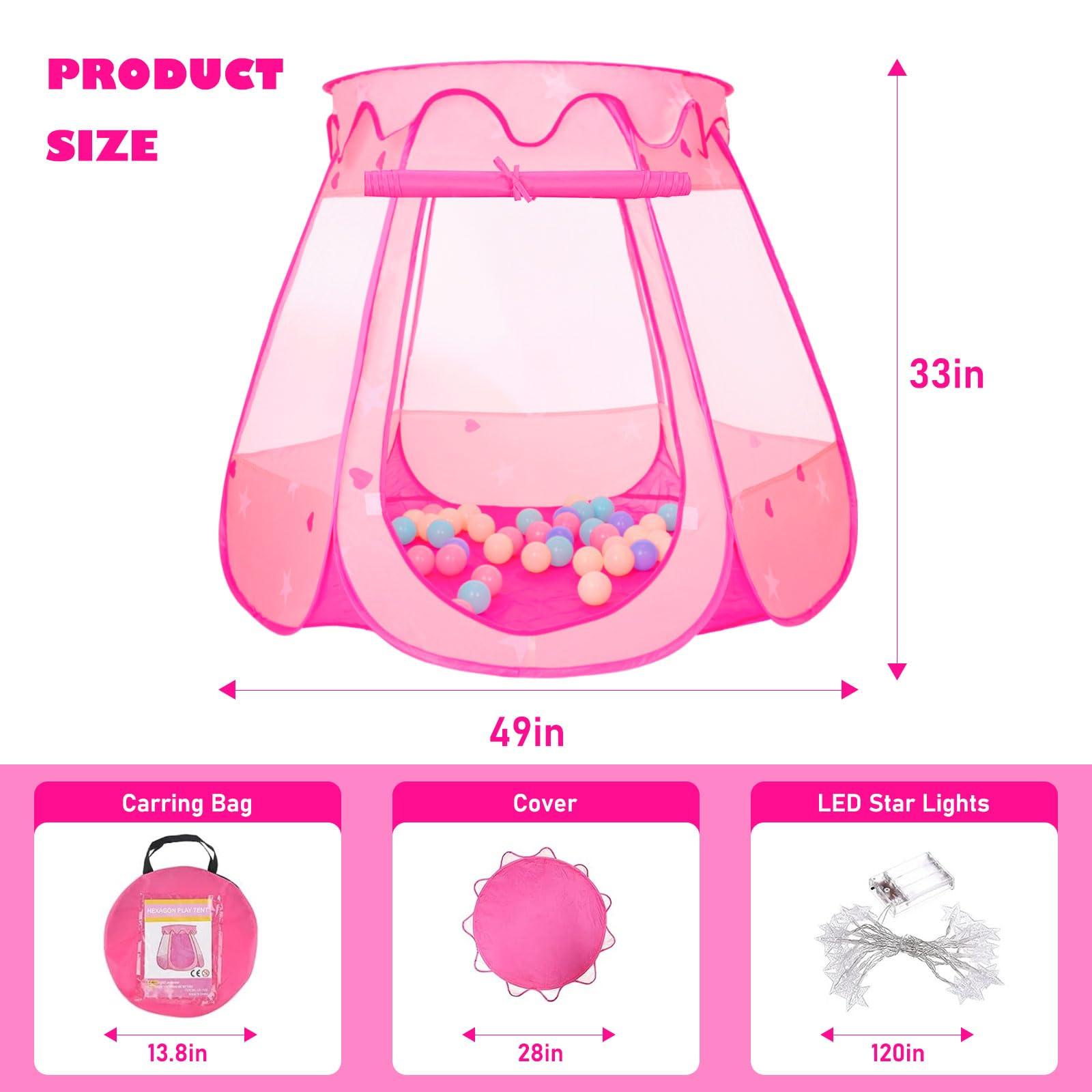Volscity Pop Up Princess Tent with 50 Balls,Ball Pit with Star Lights for 1 2 3 Year Old Girl Birthday Gift,Princess Toys for Toddlers with Carrying Bag,Play Tent for Kids Indoor|Outdoor