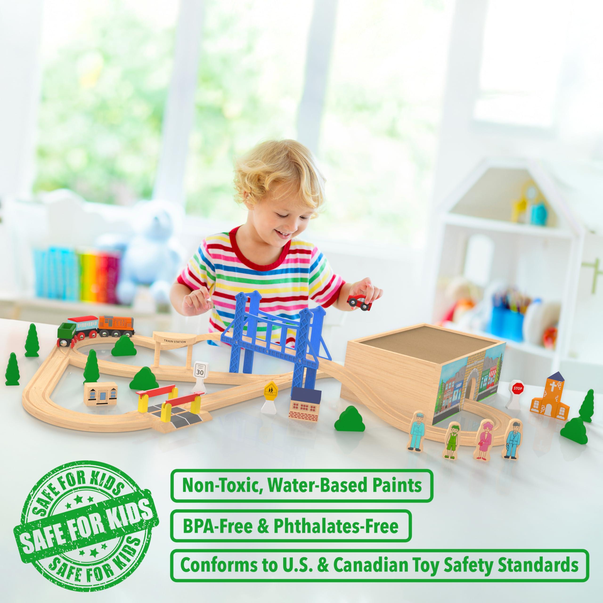 Orbrium ORBRIUM 52 Pcs Deluxe Wooden Train Set with Wooden Storage Box Tunnel Compatible with Thomas, Brio, Melissa (Wooden Box - 52 Pcs Train Set)