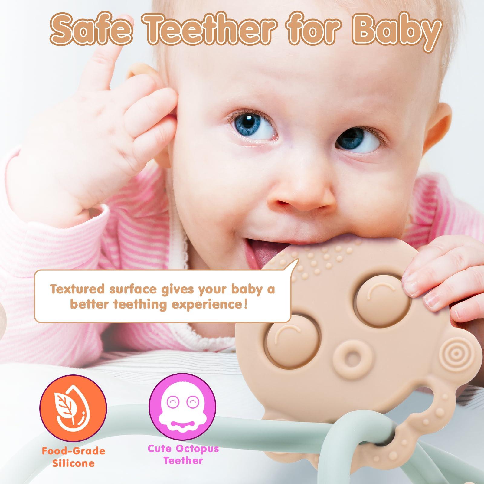 Happi2U Happi2U Baby Teething Toys, High Chair Toy with Suction Cup for Infant Toddlers 6 12 18 24 Month, Food Grade Silicone Teether with Oak Loop, Montessori Sensory Educational Baby Bath Toy Gifts (Green)