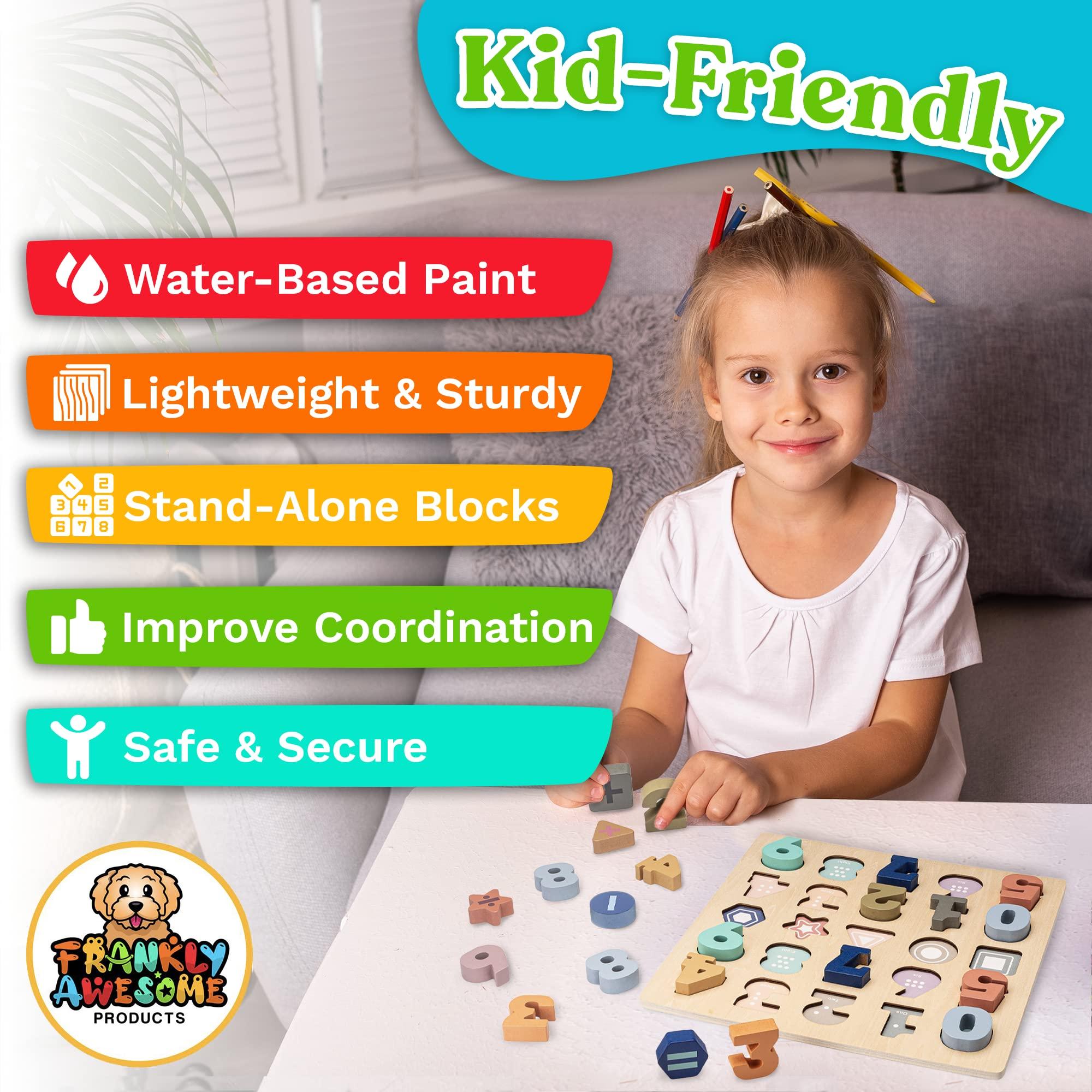Frankly Awesome Products Wooden Puzzles for Toddlers 3-5 - 25pcs Puzzle by Number Kids w/Shapes & Math Symbols - Toddler Number Learning Toys to Develop Counting & Problem-Solving Skills - Number Puzzles for Kids Ages 3-5