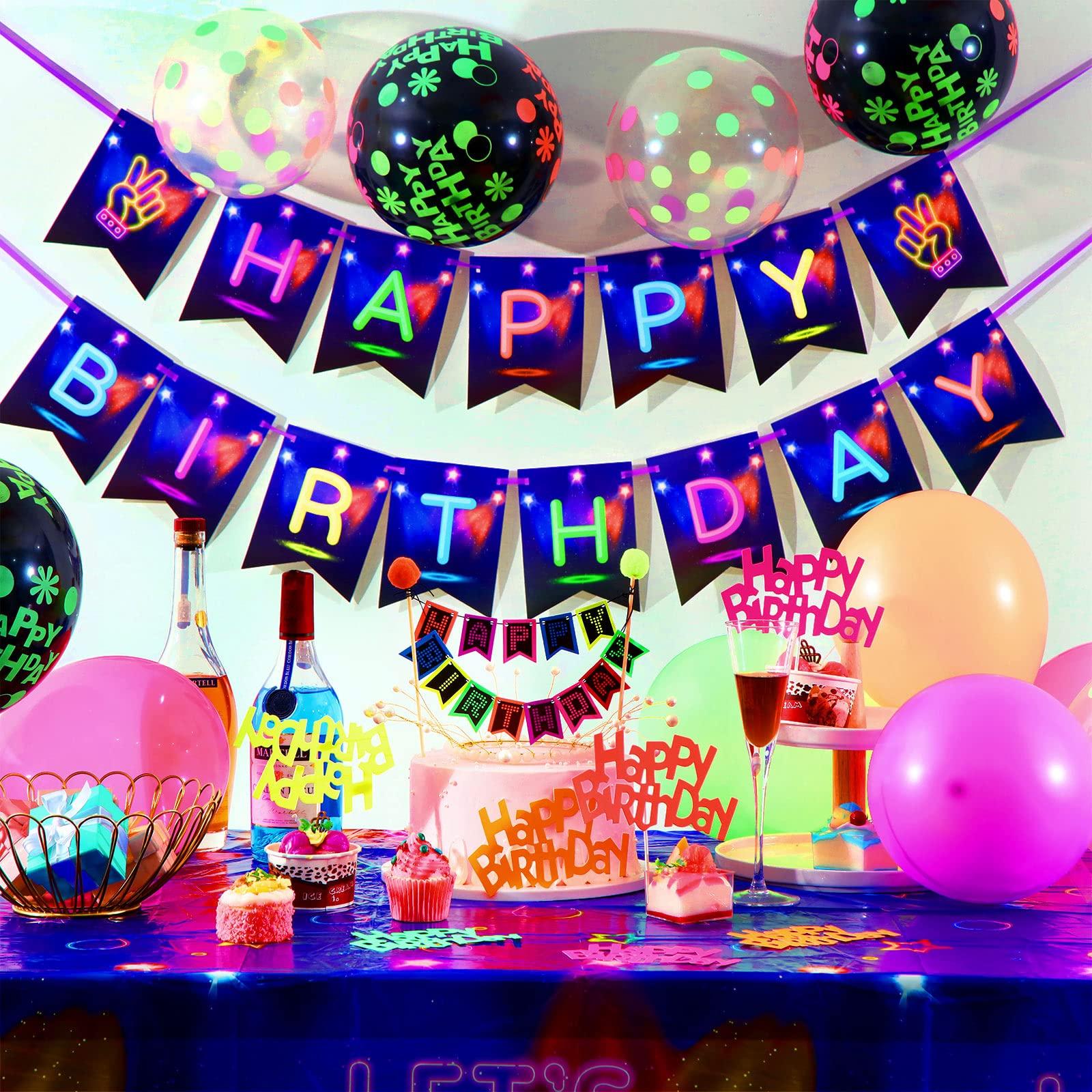 Zhanmai Zhanmai Neon Party Decorations Glow in the Dark Birthday Supplies Set Neon Balloons Fluorescent Happy Birthday Banner Tablecloth Blacklight Hanging Stars Cake Toppers for Glow Party Halloween Decor