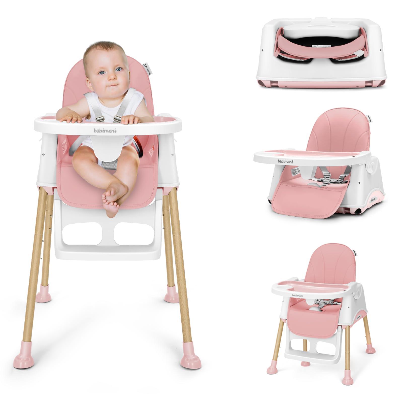 babimoni babimoni 3 in 1 High Chairs for Babies and Toddlers, Convertible High Chair, High Chair with Foot Rest and Double Tray, Easy to Clean, Compact and Versatile, Perfect for Growing Kids, Pink