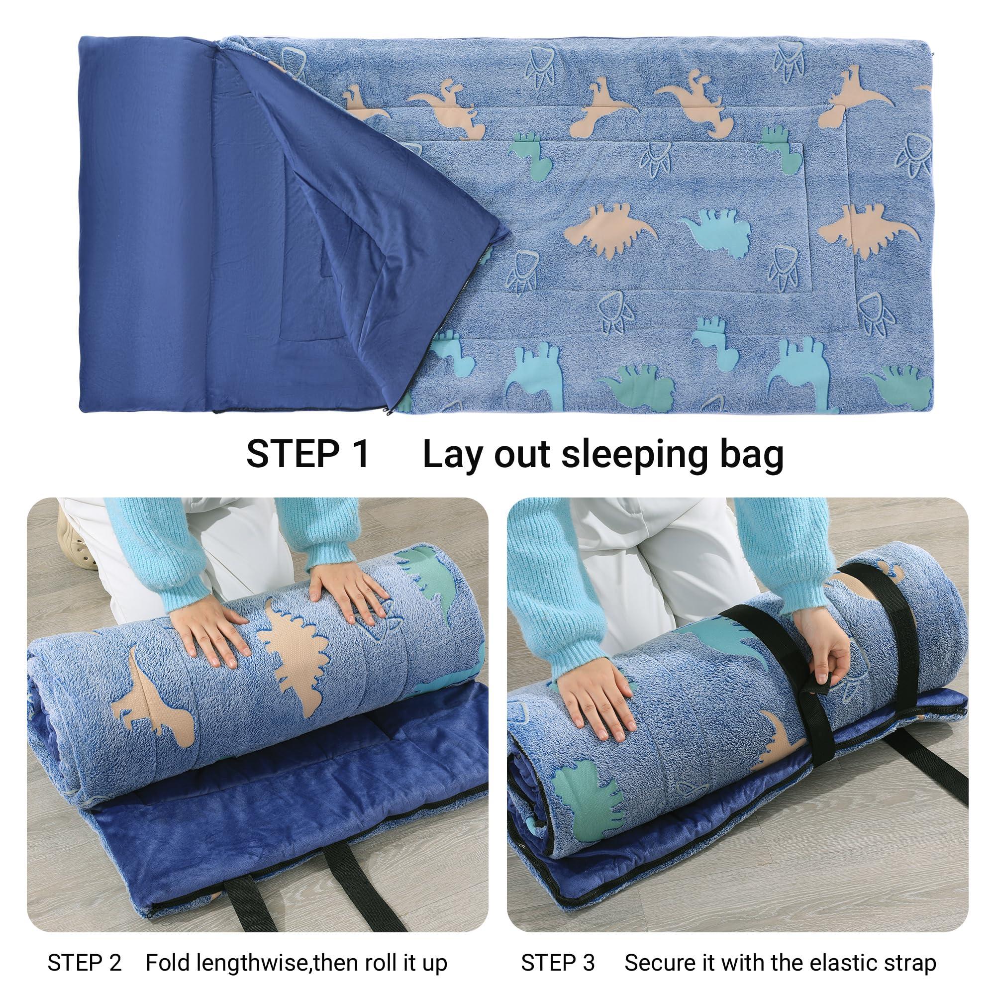 HOMBYS HOMBYS Glow in The Dark Sleeping Bags for 10~12 Years Old Kids, Soft Kids Nap Mat with Pillow and Blanket for Daycare School, Travel Sleep Bag for Childern Girls Boys Truck Travel Camping