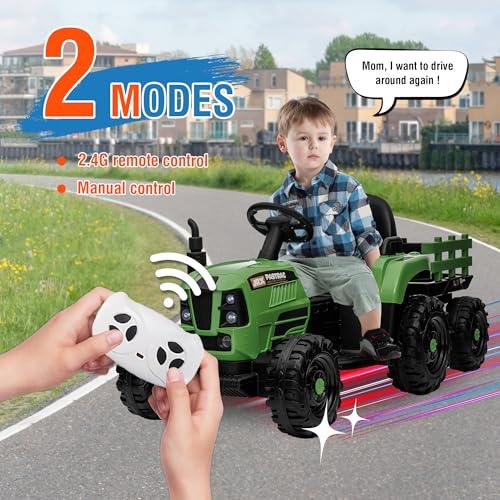 Feetice Tractor Toys, Ride on Tractor with Trailer, 24V 400W Powered Electric Tractor Remote Control, Music Bluetooth and USB Support, Electric Car for Kids, 3 Speed Adjustable, Two-Point Safety Belt, Green