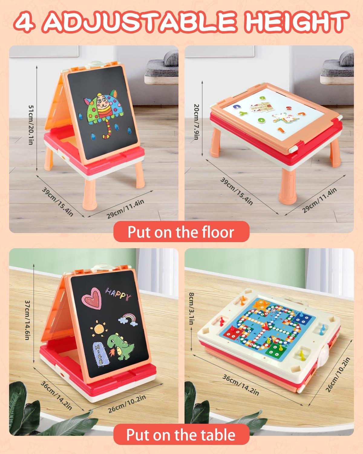 Elovien Elovien Tabletop Easel for Kids, Foldable Art Easel for Toddler,Double Sided Kids Easel with Chalkboard & Magnetic Dry Erase Board,Height Adjustable Desktop Easel, Educational Gift for Girls(Pink)