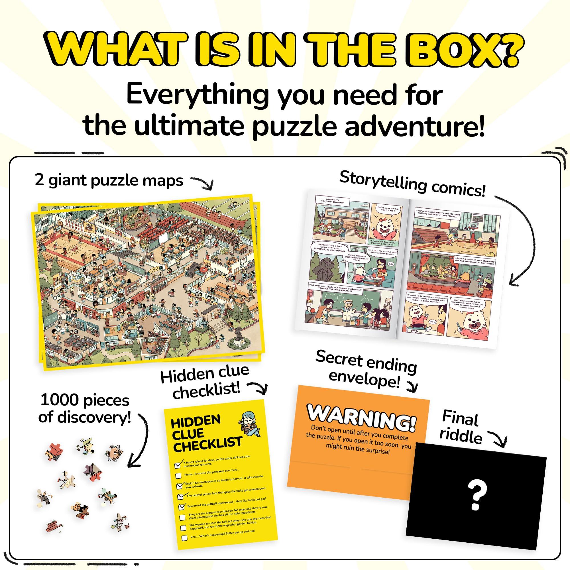 Odd Pieces Odd Pieces Mystery Jigsaw Puzzle-1,000 Pcs Mystery Puzzle with Storytelling Comics, Secret Ending-1000 Piece Puzzle for Adults & Kids 19.7\'\' x 27.6\'\' Frameable Magic Puzzle Art (Snack Attack)