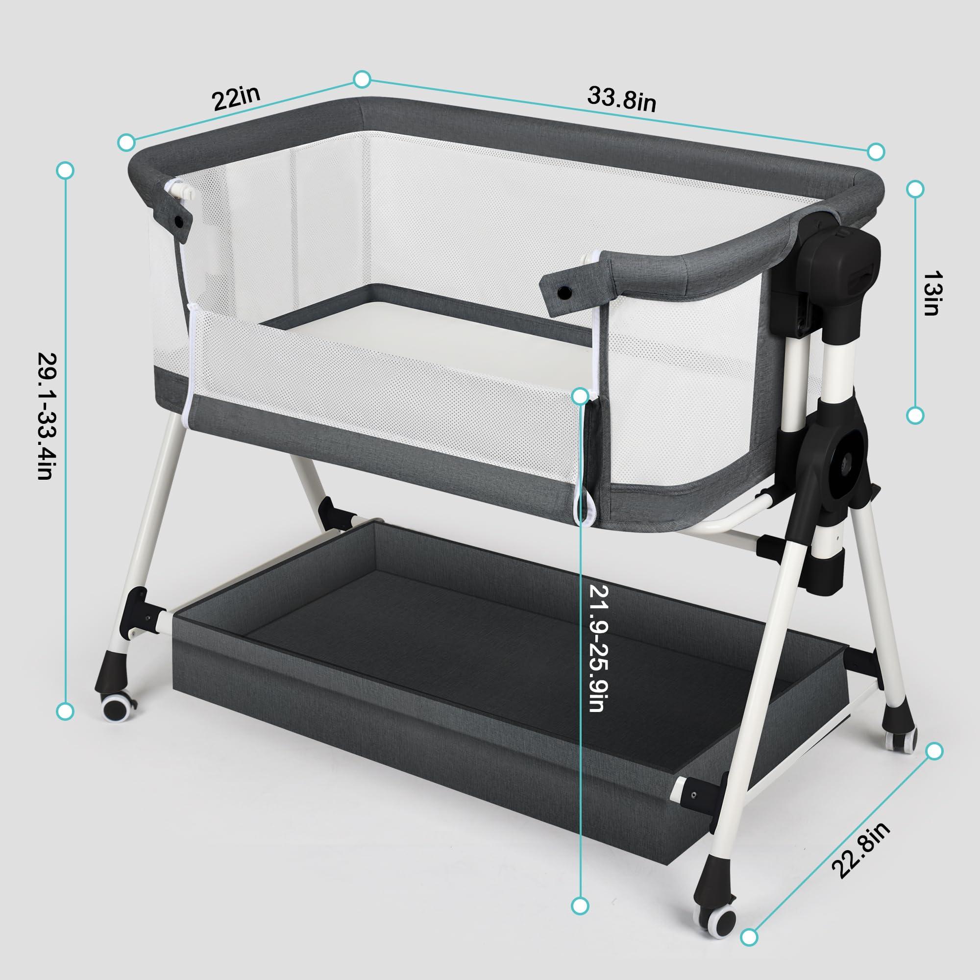 VOOI VOOI Baby Bassinet Bedside Sleeper, 3 in 1 Rocking Bassinet for Baby, Bassinet Bedside Sleeper with Wheels, Adjustable Height, Storage Basket, Mattress & Canopy, Bed Side Bassinet for Newborn