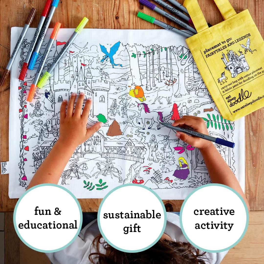 eatsleepdoodle eatsleepdoodle Fairy Tale placemat in its own Cotton Carry Bag to Color-in, Fun Educational Mythical Creature Storybook Coloring Placemat, Washable Felt tip Fabric Markers Included