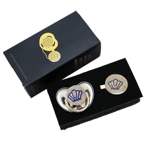 MIYOCAR MIyocar Handmade Bling Baby Gold Blue Crown Pacifier and Clip Set Unique Gift for Baby Shower