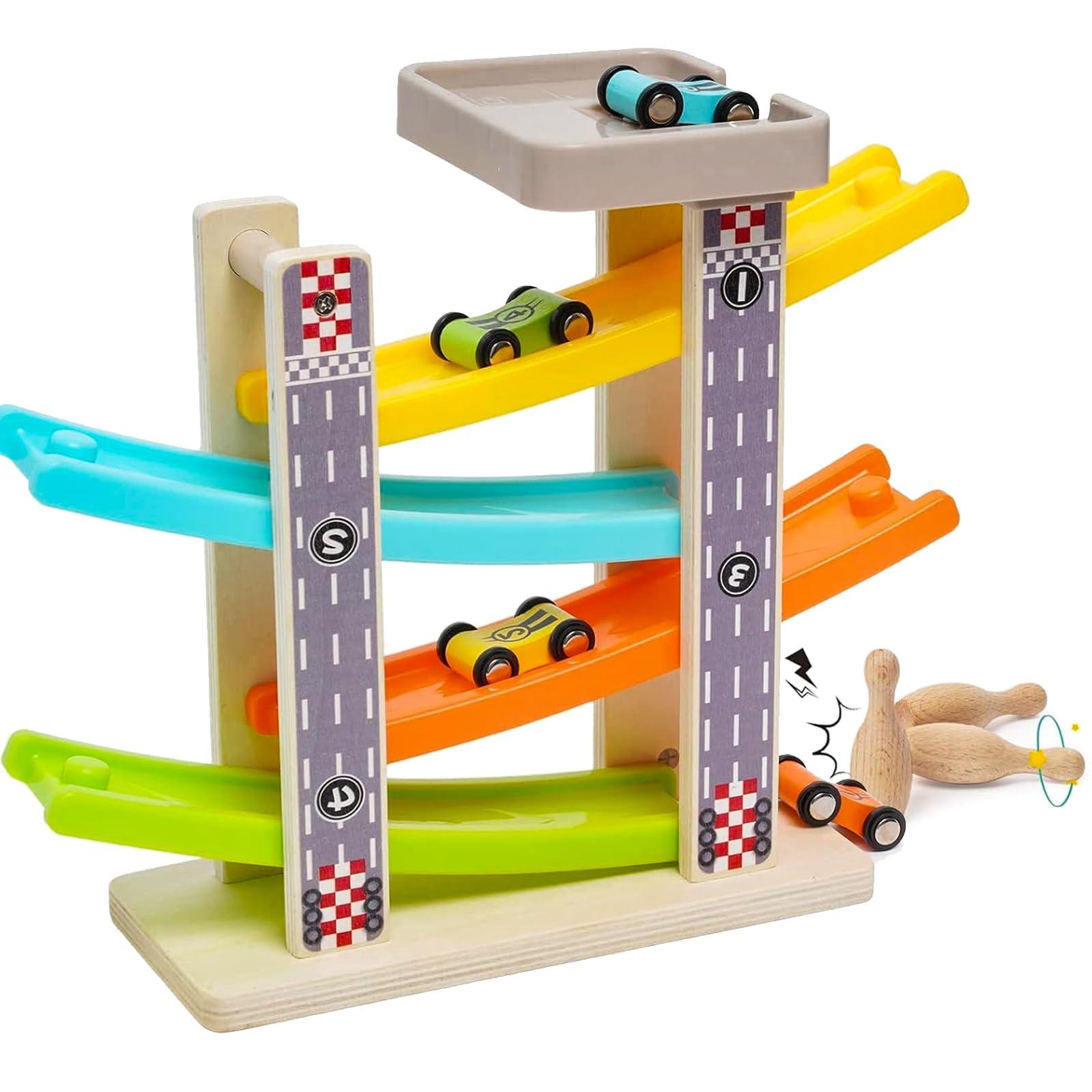 Ark miido Wooden Car Ramp Toys Race Track Zig Zag Car Slide Toddler Montessori Toys Click Clack Race Track Bowling Game Gifts Wooden Car Toy Garage with 4 Mini Cars 3 Bowlings for 1 2 3 4 5 Year Old Boys Girls