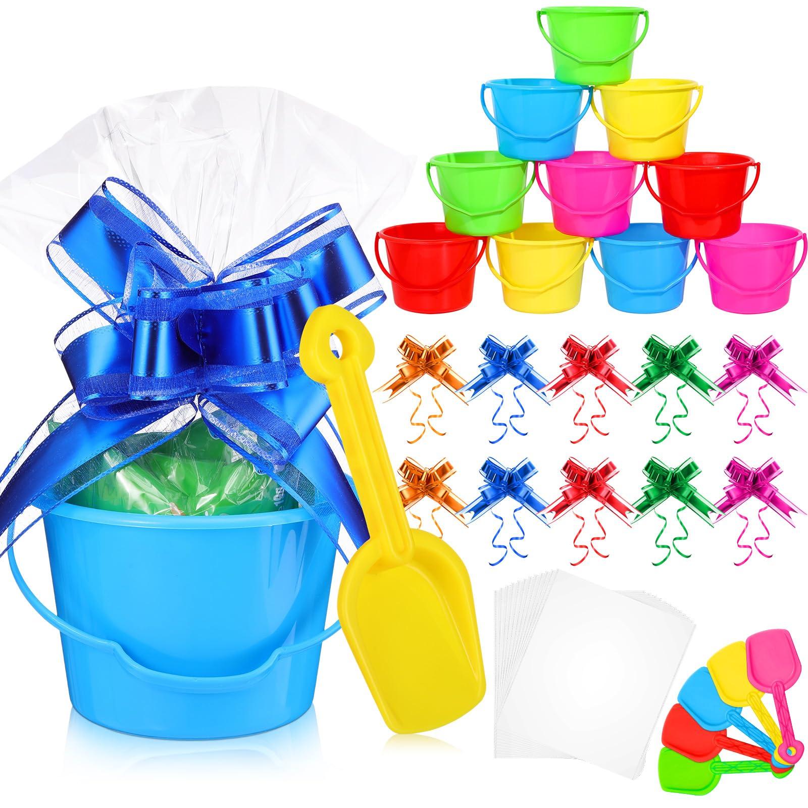 Sratte 10 Sets Sand Buckets and Shovels Set for Kids Plastic Mini Beach Pail and Shovel with 20 Pcs Clear Treat Bags and 20 Pcs Pull Bows for Boys and Girls Summer Beach Holiday Birthday Party Favors