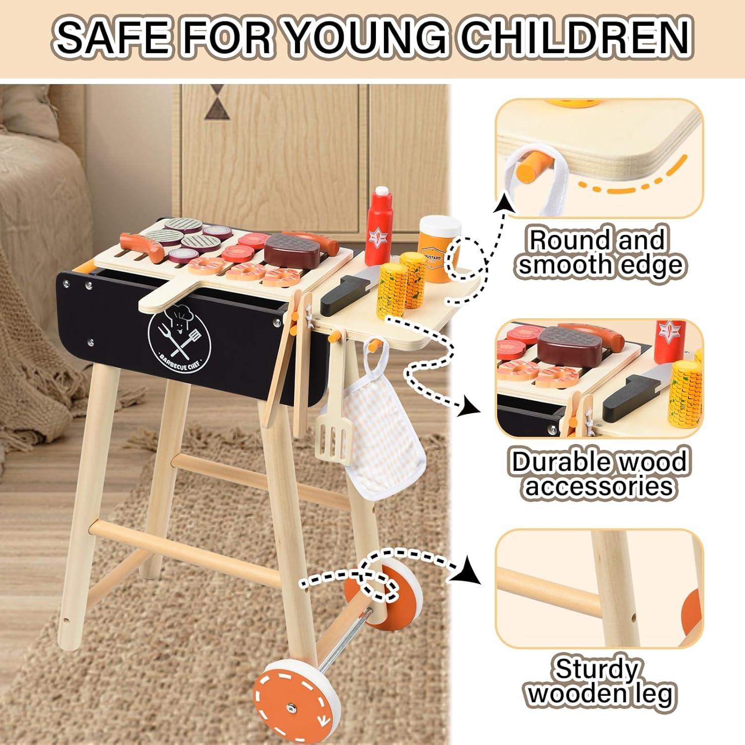 MerryPony MerryPony Wooden Play Barbecue Toy Grill, Kids BBQ Grill Playset with Play Food and Grilling Tools, Kids Cooking Sets, Outdoor Play Kitchen Set Kids, Pretend Play Kitchen Accessories Toddlers Age 3+
