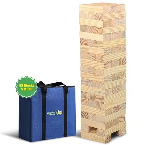 Garden Games Big Game Hunters Giant Tumble Towers, 58 Piece Wooden Block Game, 5 ft. Tall Stacking Backyard Indoor Outdoor Game for Kids Adults Family, Jumbo Splinter Resistant Blocks - Carry Bag Included