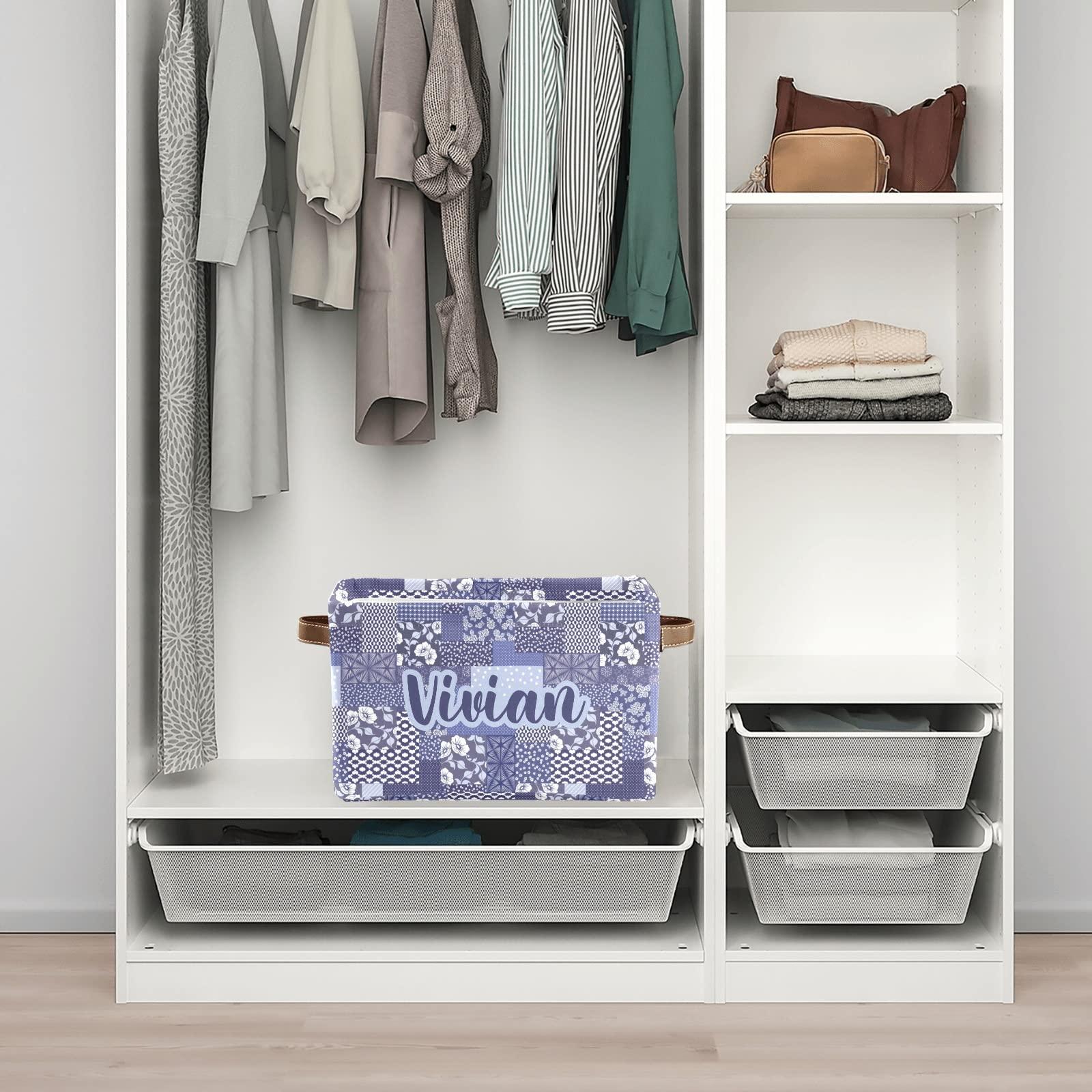 Deven Deven Blue Flower Vintage Quilt Personalized Large Storage Baskets for Organizing Shelves with Handle,Closet Decorative Storage Bins for Bathroom,Nursery,Home 4 Pack