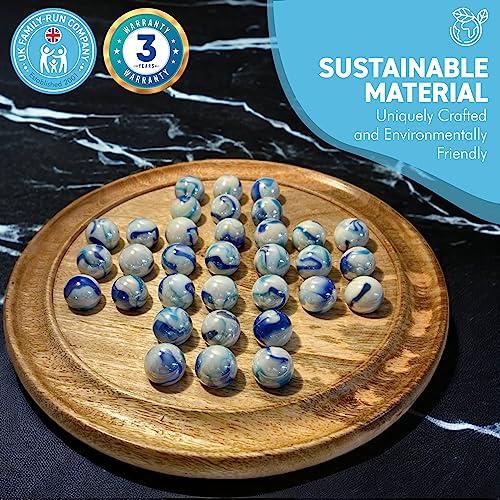Thorness 30cm Diameter WOODEN SOLITAIRE BOARD GAME with JELLYFISH GLASS MARBLES | classic wooden solitaire game | strategy board game | family board game | games for one | board games