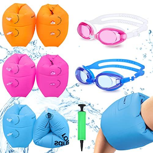 Korlon Tec Arm Floaties for Kids 6-12yrs, PVC Arm Floaties Inflatable Swim Arm Bands Floater Sleeves Swimming Rings and Swimming Goggles Kids Floaties for Pool 6 Pack (Blue)