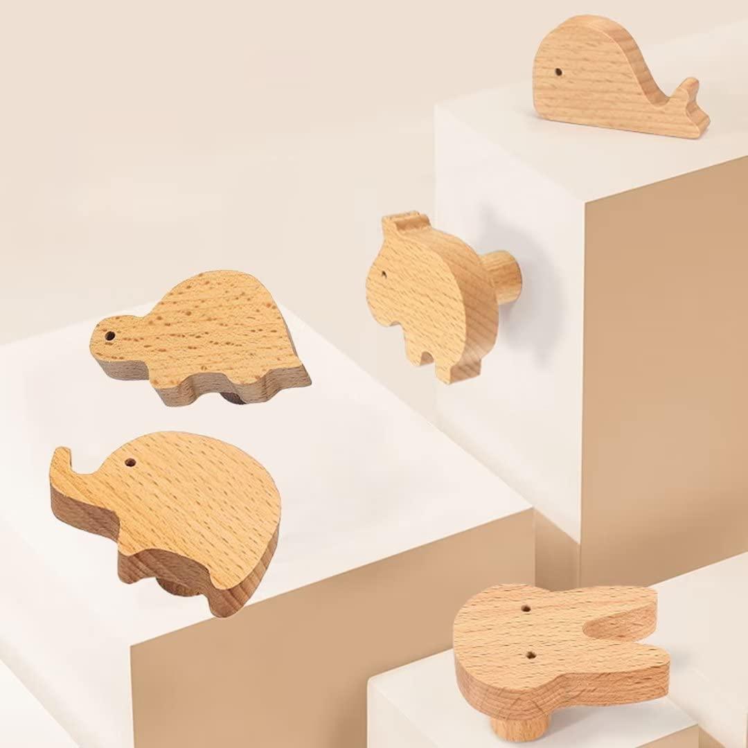 ToysCentral Basics 5 Pack Wood Elephant Knobs Drawer Handle Dresser Handles Kitchen Cabinet Knobs for Nursery Room, Kids Dresser Knobs Wooden Pull Door Closet Bathroom Furniture Handles Natural Wood Hooks (Elephant)