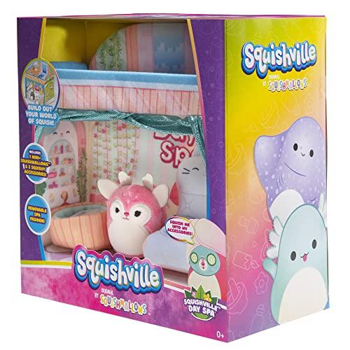 Squishville Squishville by Original Squishmallows Deluxe Day Spa Playscene - Include 2-Inch Duchess The Pink Deer, Towel Wrap, Face Mask, Basin & Lounge Chair - Toys for Kids