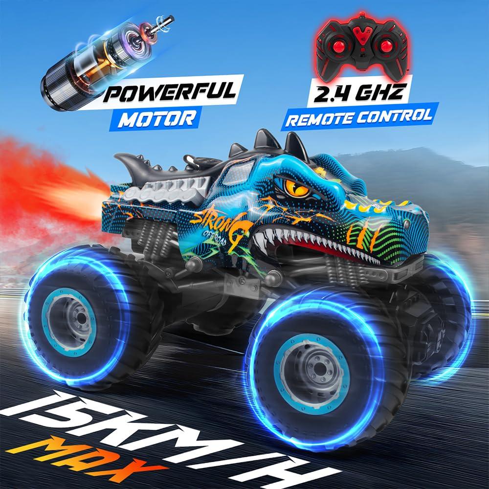 Rhybor Rhybor Remote Control Dinosaur Car, 2.4GHz All Terrain Remote Control Monster Truck, RC Dinosaur Monster Car, Spray Music Monster Truck RC Cars for Boys 4-7 8-12 and Girls