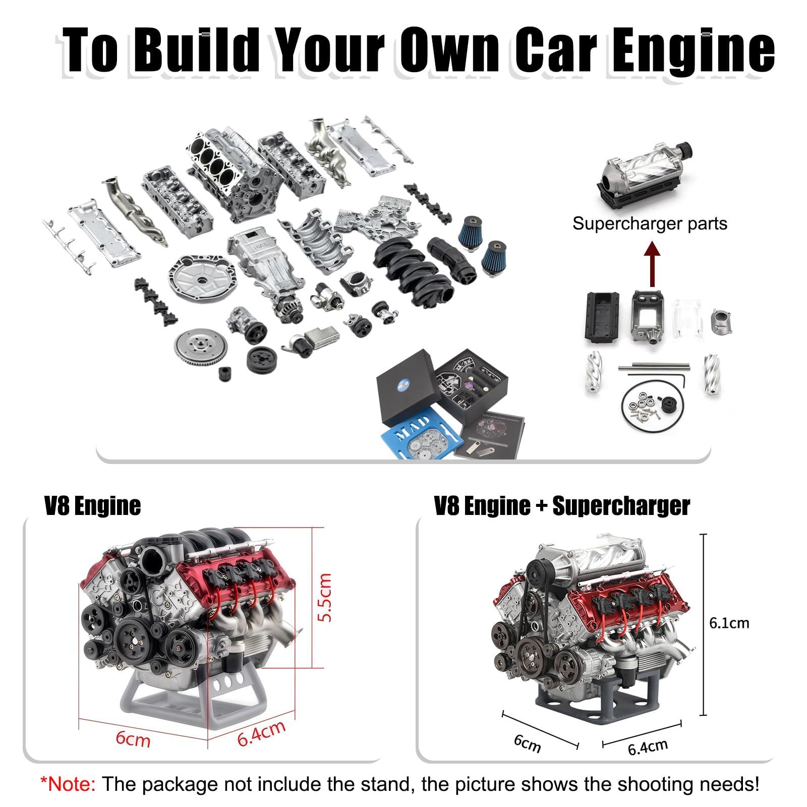 Wauvmoss Wauvmoss Mini V8 Engine Kits That Runs, V8 Model Engine Kit Cison Engine MAD RC Engine Model Kits for Adults to Build, Plastic Model Suitable for Car AX90104 SCX10 Capra VS4-10 Pro/Ultra (V8 I)