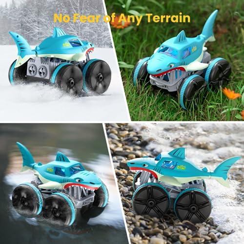 ifollower Amphibious Remote Control Car, Shark RC Cars All Terrain RC Truck, 360 Rotation LED Radio Controlled Crawler, 2.4GHz Monster Shark Trucks Christmas Birthday Gift for Boys Girls Age 3 4 5 6 7 8 9 10