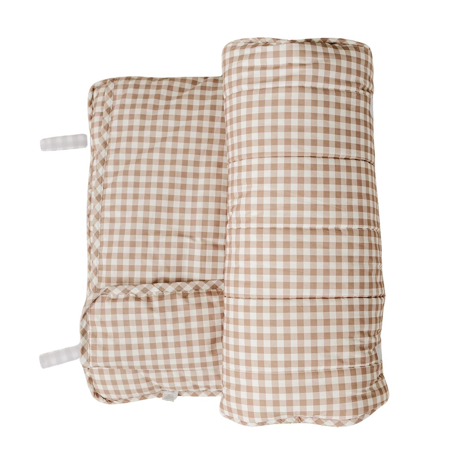 bloomere Organic Toddler Nap Mat - 100% Cotton Fabric Sleeping Mat - Sleeping Bag for Kids - Removable Pillow and Blanket 1.5 Thick Pad - Ideal for Home, Daycare, Preschool & Sleepovers. (Brown Gingham)