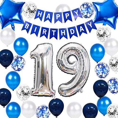 JumDaQQ 19th Birthday Party Decoration for Boys, Happy Birthday Banner Blue Number 19 Birthday Balloons 19th Birthday Latex Confetti Balloon for Boys Him Son 19 Years Old Birthday Decoration Supplies(19th)