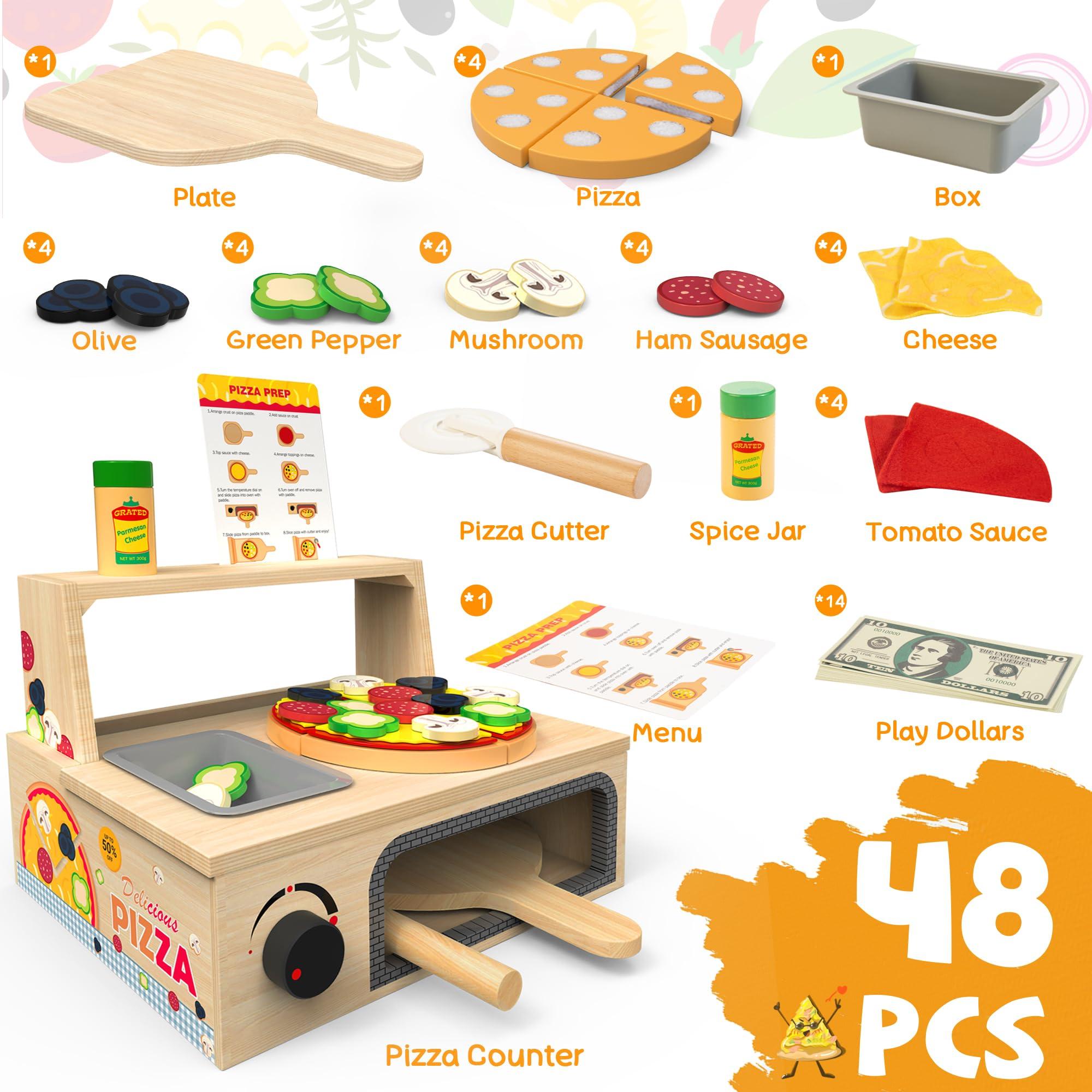 WOODMAM WOODMAM Wooden Pizza Toy - 48 PCS Montessori Pretend Play Food for Ages 3+, Educational Learning Toy Wooden Playset with Bake Oven, Christmas Birthday Gift for 3 4 5 6 Year Old