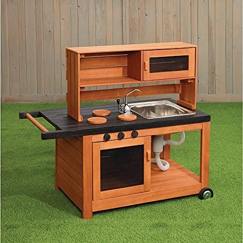 Excellerations Excellerations Indoor-Outdoor Moveable Play Kitchen with Hutch, Sink, and Working Pump Faucet for Preschoolers, Outdoor Learning, Dramatic Play, Cooking Pretend Play