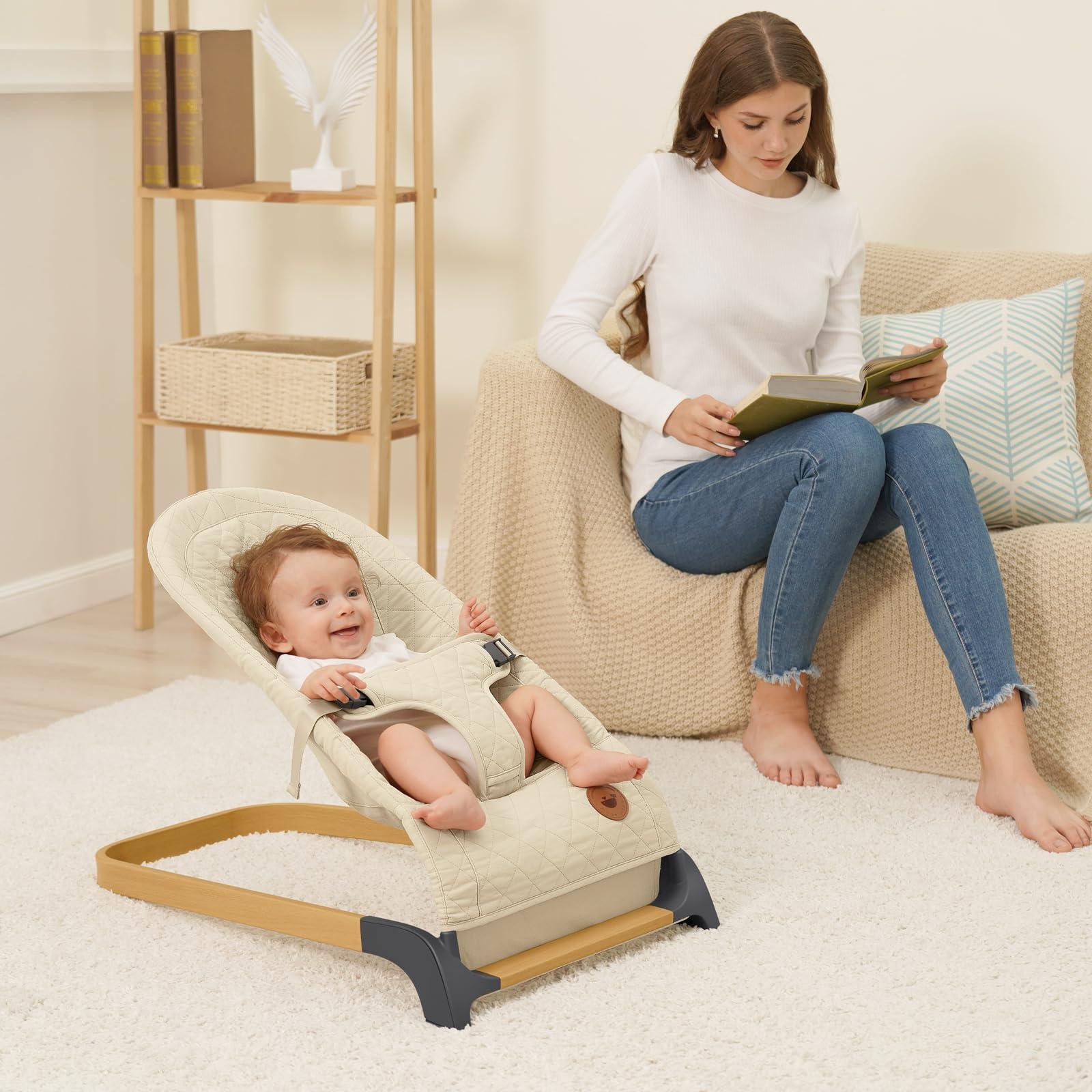 ANGELBLISS ANGELBLISS Baby Bouncer, Portable Bouncer Seat for Babies, Infants Bouncy Seat with Mesh Fabric, Natural Vibrations (Apricot)