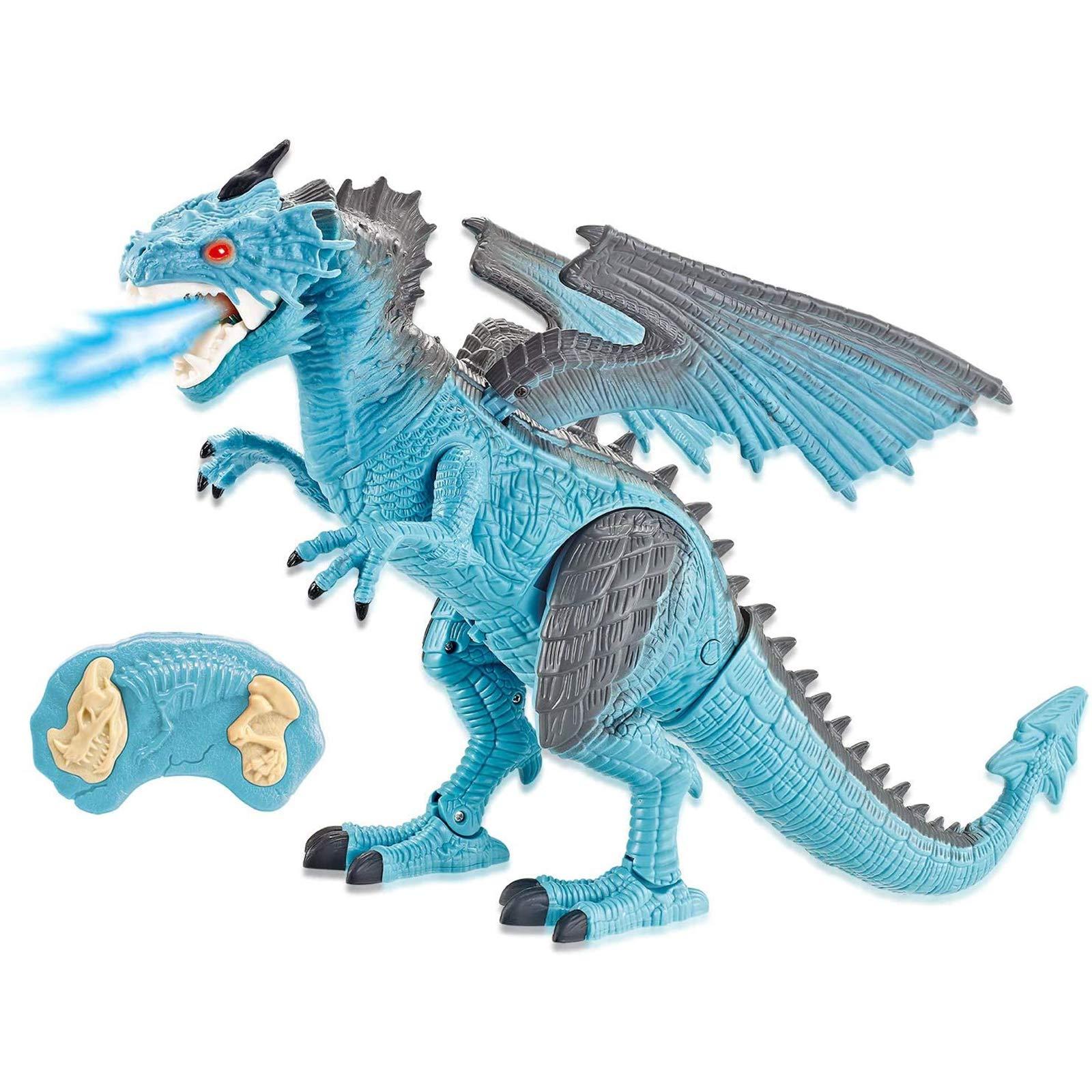 Liberty Imports Liberty Imports Remote Control RC Dragon Toy LED Light Up Walking Dragon Roaring and Spraying Smoke, Shaking Head, Light Up Eyes and Sounds (Ice Dragon (with Smoke))