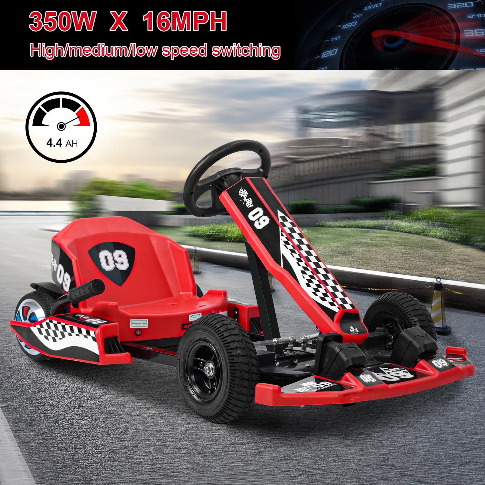 LINASHI Electric Go Kart for Kids, 16 MPH Electric Drift Kart with 350W Motor, 36V 4.4Ah Battery, 4 Level of Adjustable Body Length 32" to 44", Drift Mode for Aged 8-12 (Red)