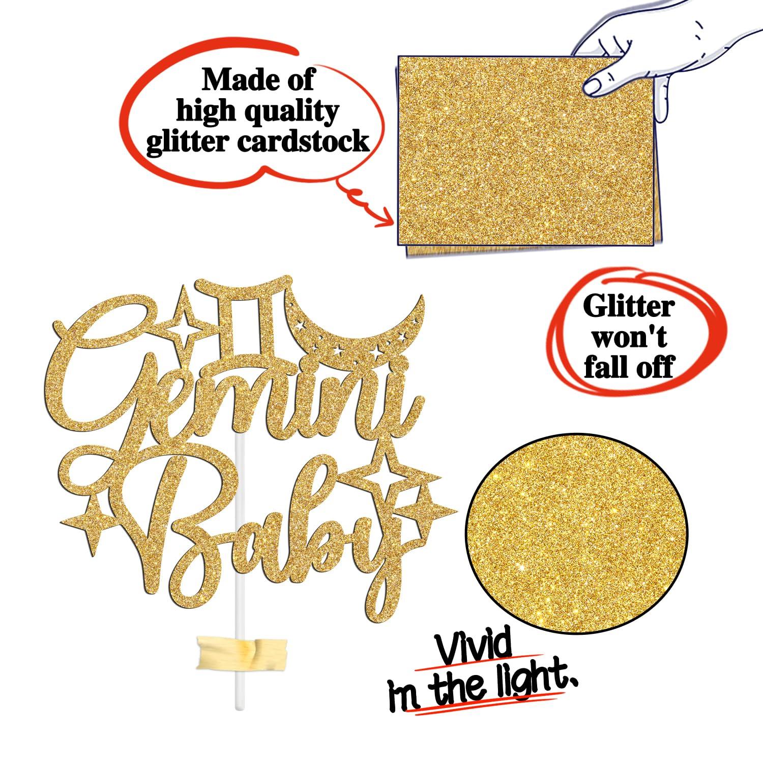Tivurcia Gemini Baby Birthday Cake Topper - 12 Zodiac Gemini Season/Welcome Baby, Horoscope, Astrology Birthday/Baby Shower Party Decorations Supplies, Gold Glitter