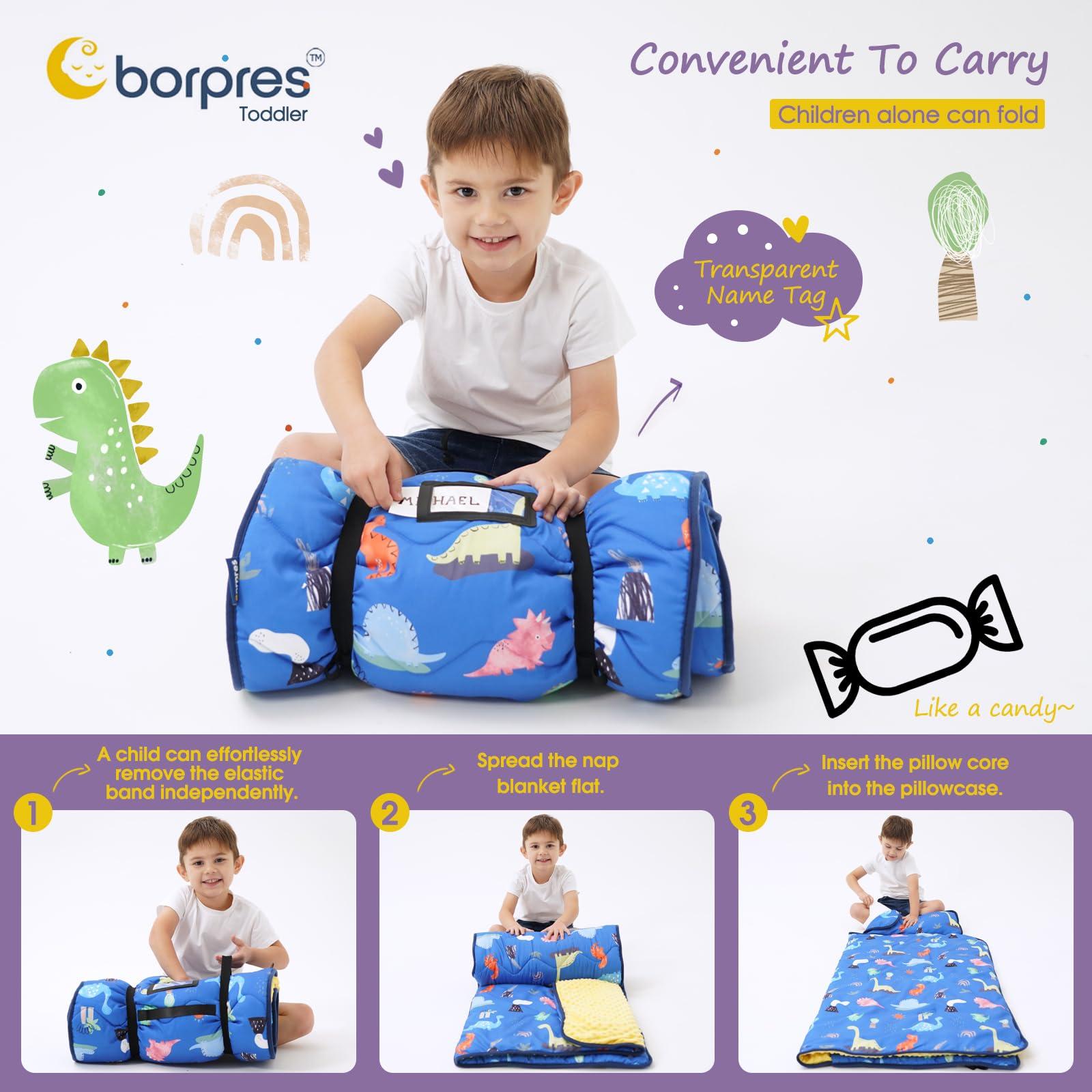 BORPRES Nap Mat with Pillow Blanket Set: Navy Dino Sleeping Mats for Toddler Kids - Thick Large Roll up Slumber Bag for Daycare Preschool Kindergarten Boys Girls
