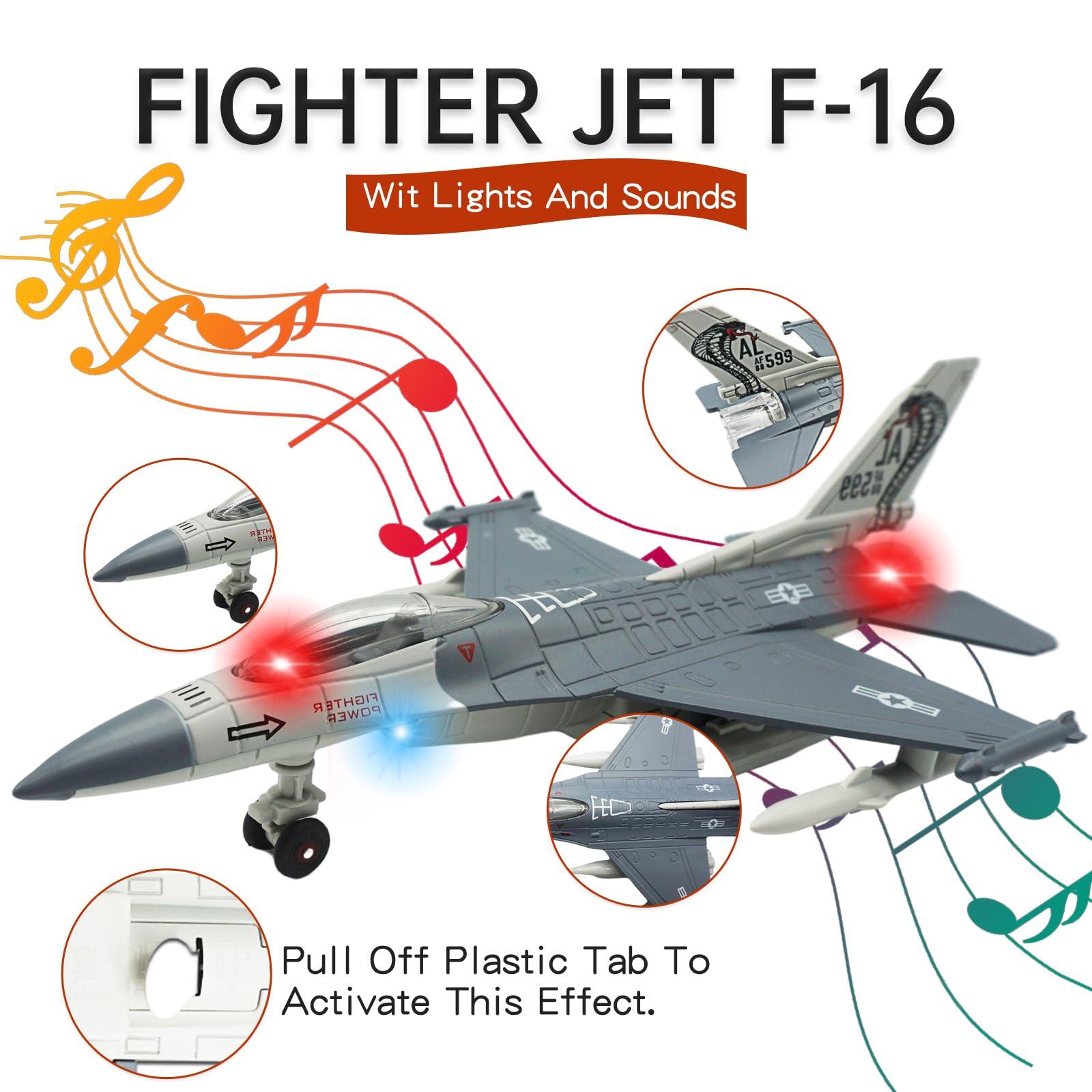 OTONOPI OTONOPI Fighter Jet Military Airplane Toy Army Air Force Die Cast Aircraft F-16 Model Plane for Kids Gift Toy Collection with Lights and Sounds Bump and Go Action