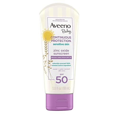 Aveeno Baby Aveeno Baby Continuous Protection Zinc Oxide Mineral Sunscreen Lotion for Sensitive Skin with Broad Spectrum SPF 50, Tear-Free, Sweat- & Water-Resistant, Travel-Size, 3 fl. Oz (Pack of 2)
