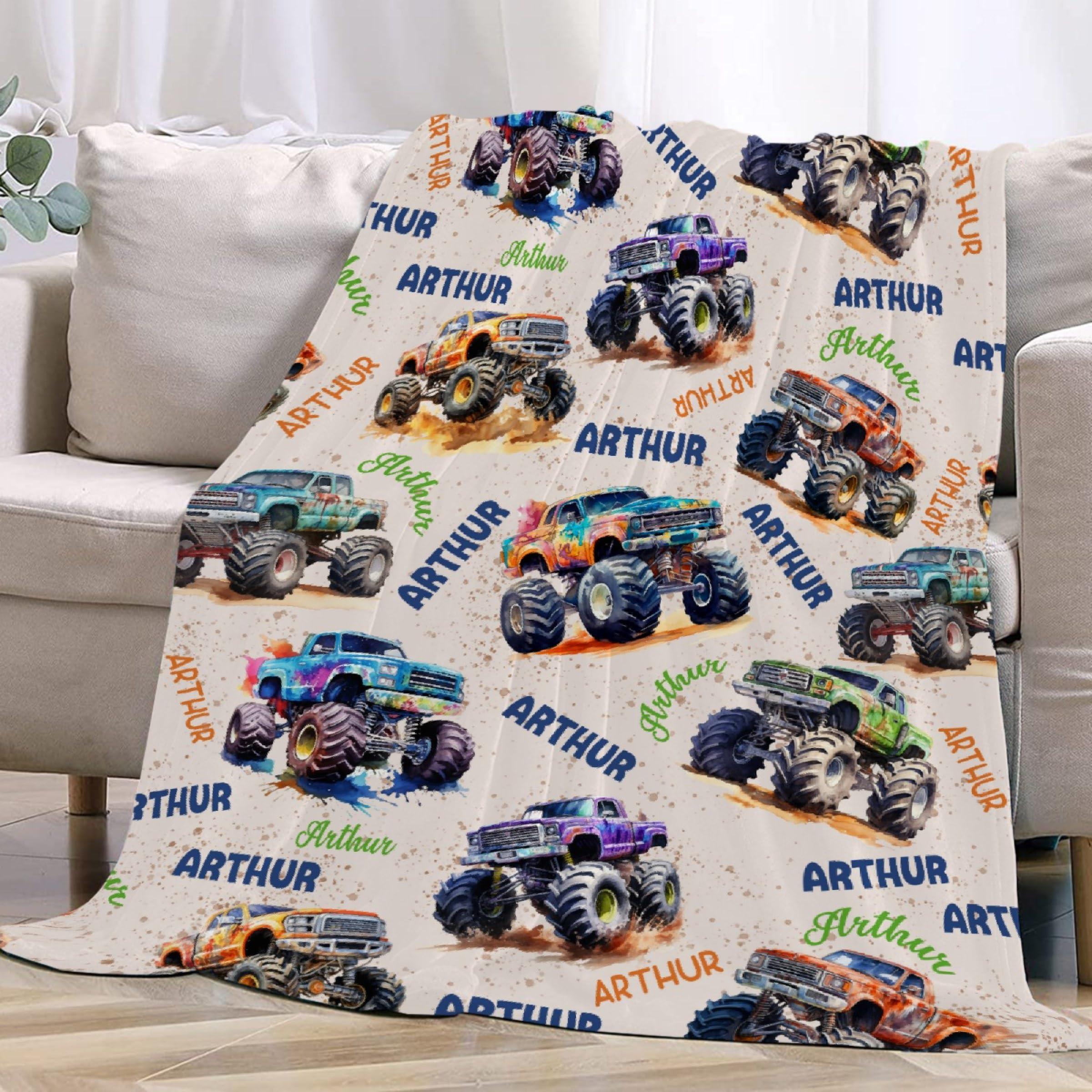 Todeyya Todeyya Personalized Mon-Ster Baby Blanket Gifts Custom Mon-Ster Trucks Toddler Blankets for Boys Mon-Ster Trucks Plush Throw Blanket, Trucks Bedding Room Decor for Boys 120"x90"