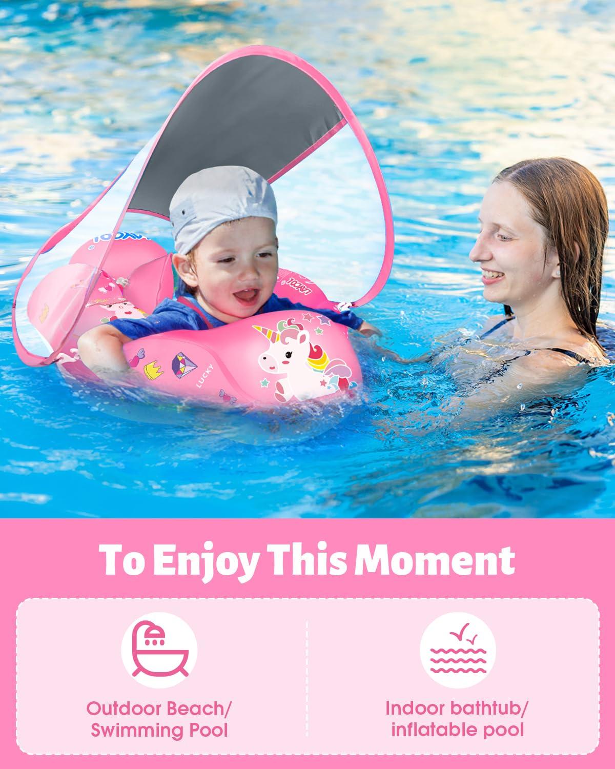 LAYCOL LAYCOL Baby Swimming Float Inflatable Baby Pool Float Ring Newest with Sun Protection Canopy,add Tail no flip Over for Age of 3-36 Months (Unicorn, S)