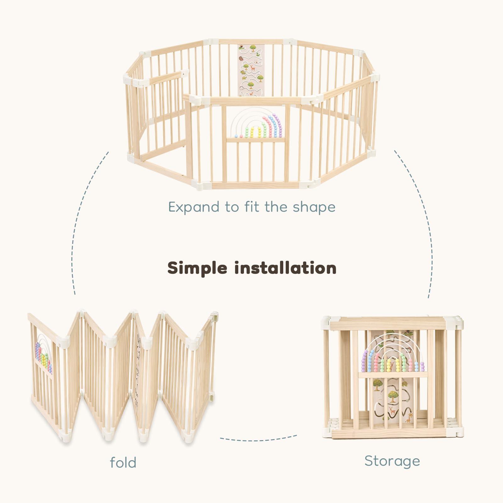 Ulnxiy Foldable Wooden playpen,Baby Playpen,playpen for Babies and Toddlers,Baby Activity Center with Baby Gate,Portable Large playpen with Adjustable Shape and Size,Baby Fence Play Area (56x56x24inches)