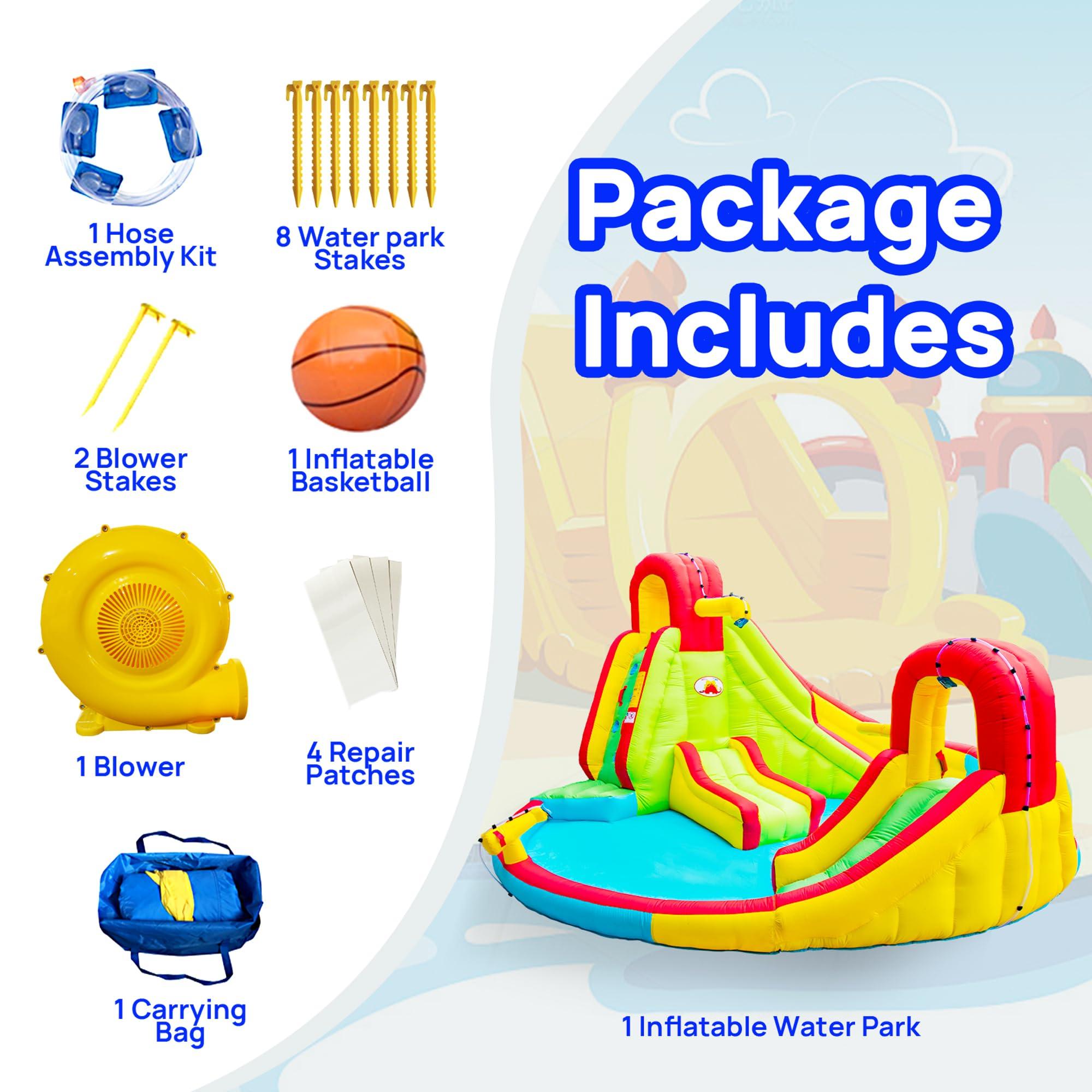 WELLFUNTIME WELLFUNTIME Inflatable Water Park with Blower, Dual Water Slide, Climbing Wall, Water Gun, Splash Pool, Lounge and Basketball Hoop