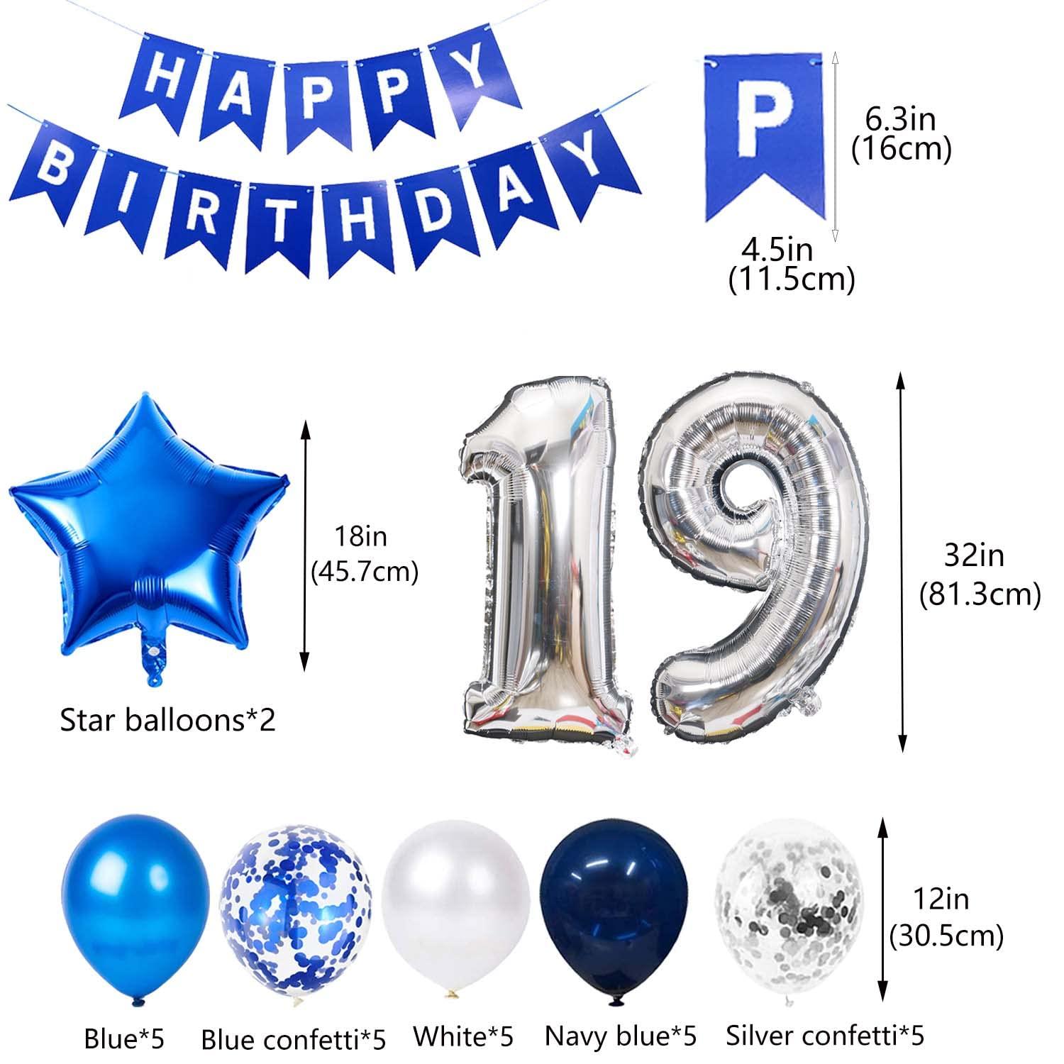JumDaQQ 19th Birthday Party Decoration for Boys, Happy Birthday Banner Blue Number 19 Birthday Balloons 19th Birthday Latex Confetti Balloon for Boys Him Son 19 Years Old Birthday Decoration Supplies(19th)