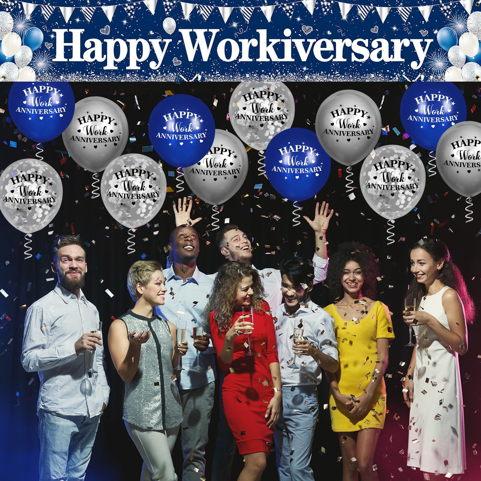 Yoirrat Happy Work Anniversary Decorations Banner Blue Happy Workiversary Banner Yard Sign with 18 Pcs Balloons for Office Anniversary Party Decoration Employee Appreciation Banner Office Party Supplies