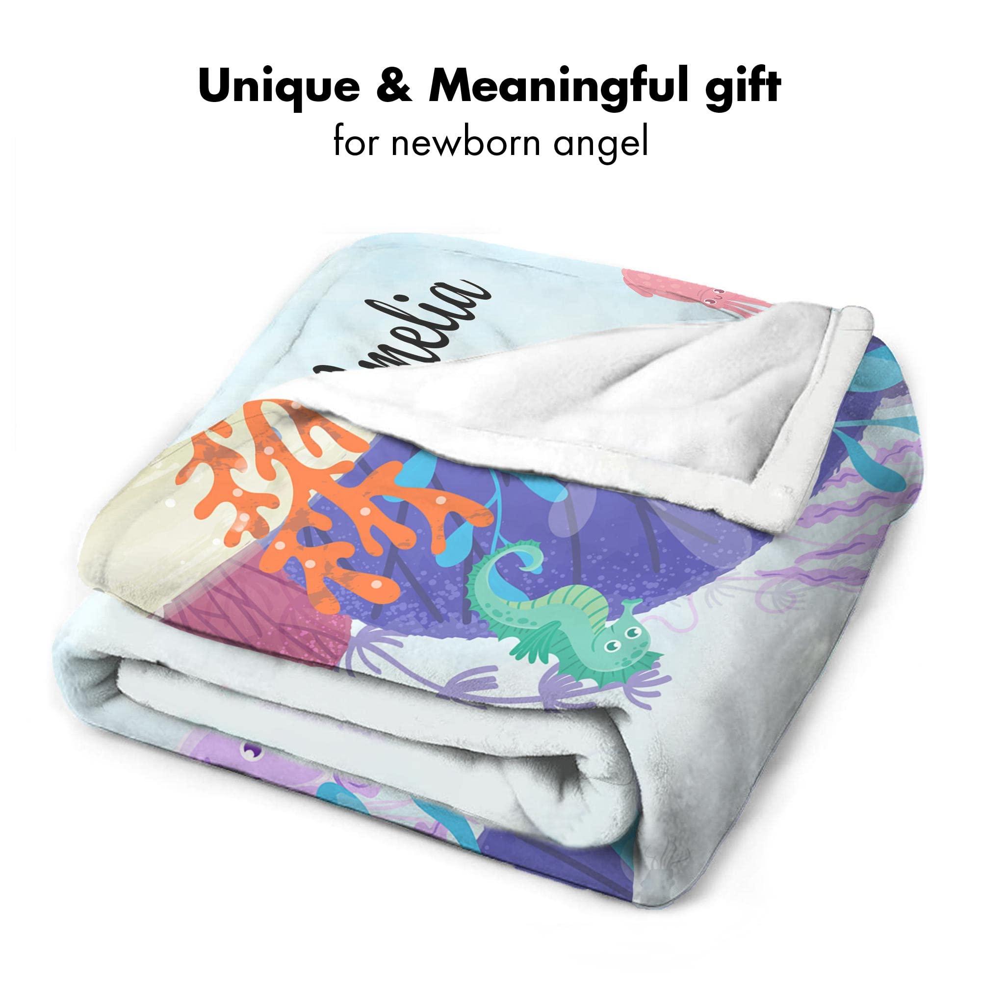 VibeCustom Personalized Ocean Wonderland Baby Blanket, Custom Names Underwater ThemeTracker, Soft Plush Marine Life Growth Chart, Nautical Nursery Decor