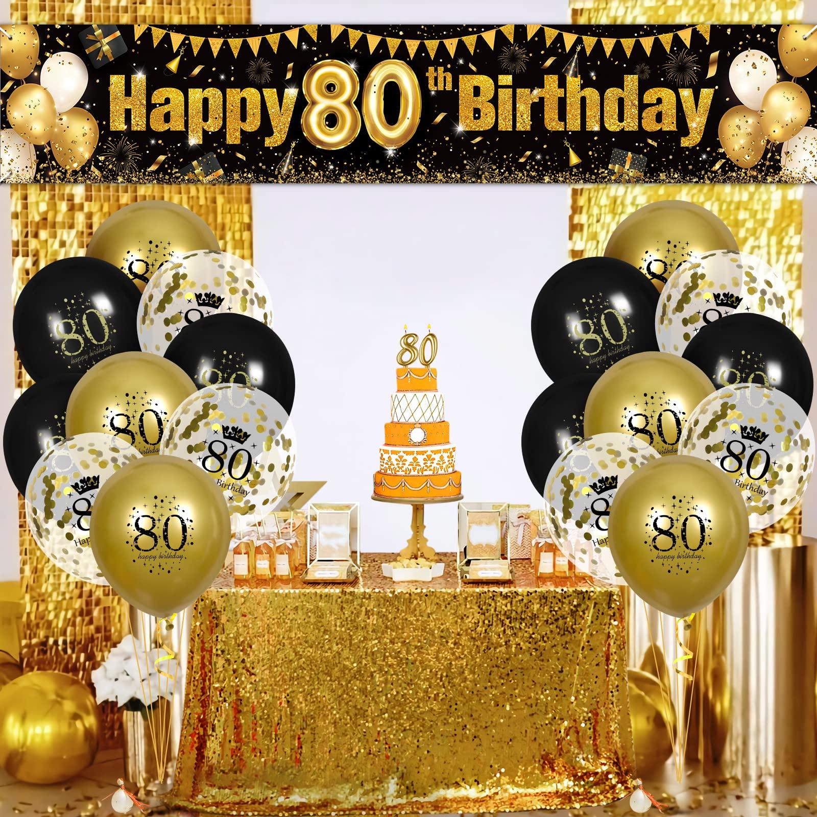 RUMIA 80th Birthday Decorations for Men Women Black and Gold, Black Gold Birthday Yard Banner Sign and 18 PCS 80th Happy Birthday Balloons for 80th Anniversary Birthday Party Supplies Outdoor Yard Decor