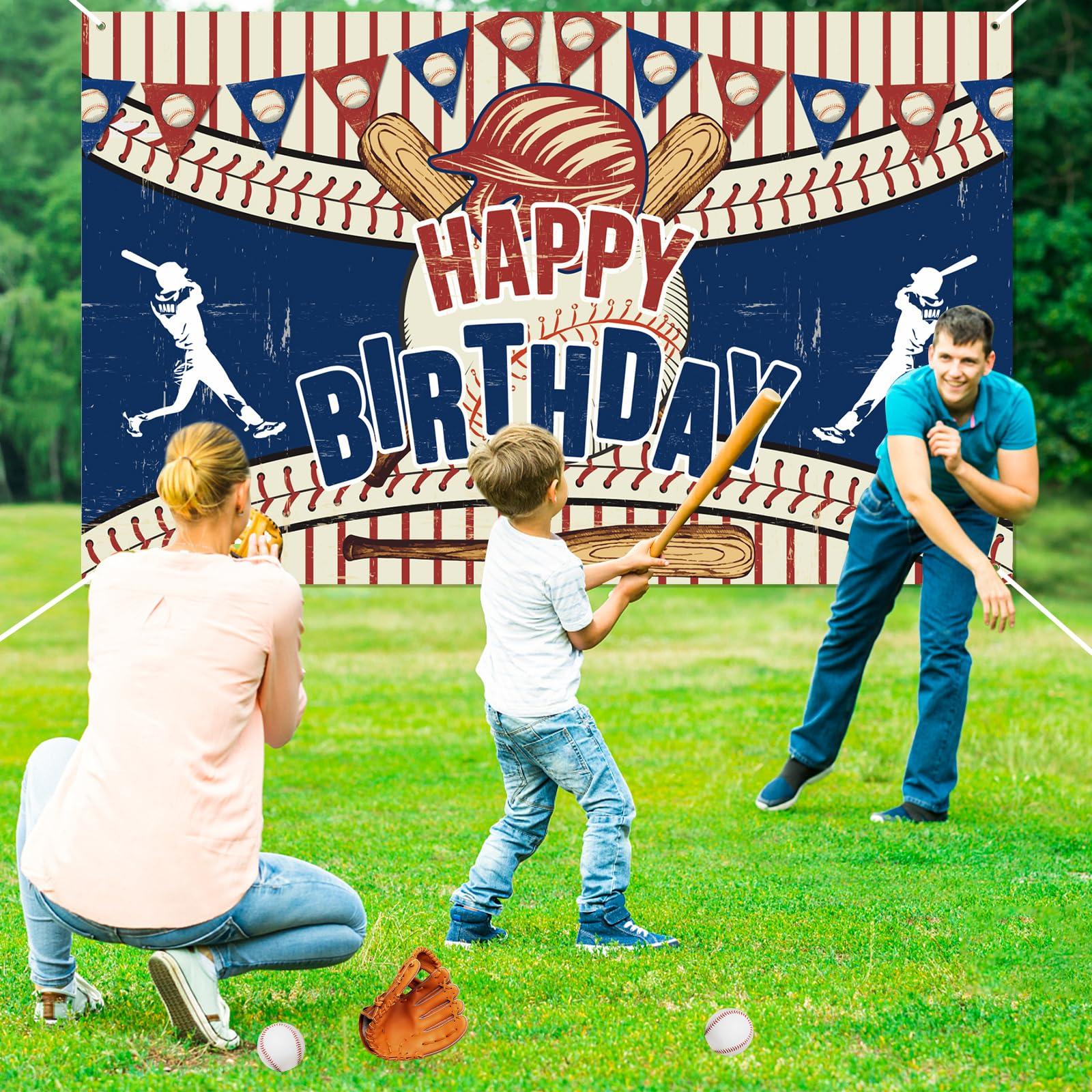 RUMIA Vintage Baseball Party Decorations - Happy Birthday Banner for Boys, Kids, Teens - Large Retro Sport Themed Party Supplies for Birthday, Anniversary Decor