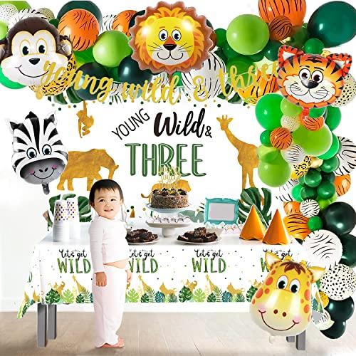 FVABO FVABO Young Wild And Three Decorations - Jungle Safari Theme 3rd Birthday Decorations for Boy Girl Include Backdrop, Balloons Arch, Banner, Tablecloth, Cake Topper, Young Wild And Three Party Supplies