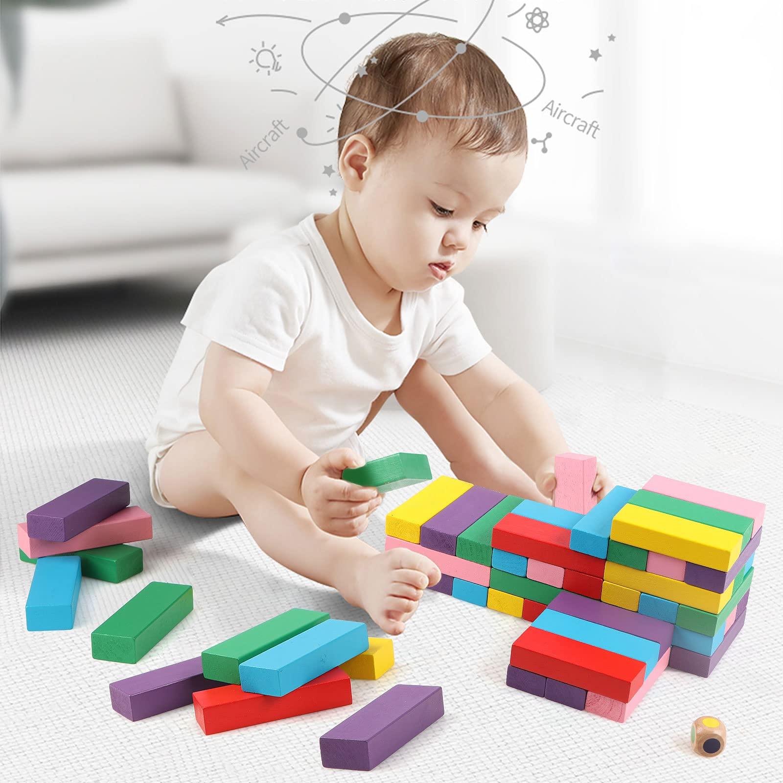 Canuan Canuan Wooden Blocks Stacking Games, 48PCS Tumbling Stacking Blocks Game for Kids and Families, Wood Colorful Balancing Blocks Montessori Toys for Kids with Storage Bag
