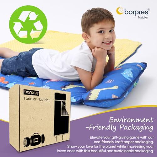 BORPRES Nap Mat with Pillow Blanket Set: Navy Dino Sleeping Mats for Toddler Kids - Thick Large Roll up Slumber Bag for Daycare Preschool Kindergarten Boys Girls