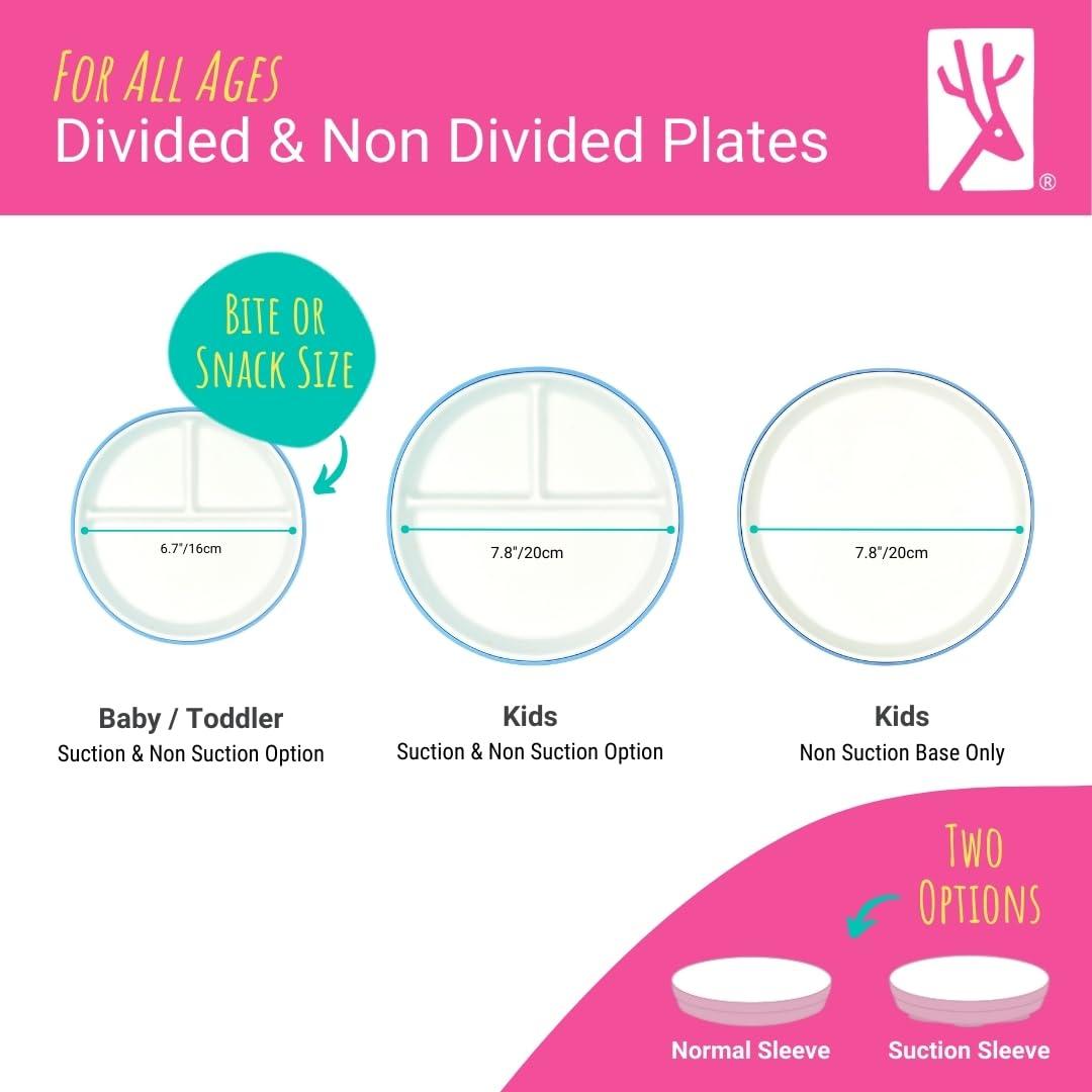 Elk and Friends Elk and Friends Kids 7.8 Porcelain White Plates with Silicone Suction Sleeves Sleeves | Divided Plates | Suitable for Babie/Kids/Toddlers | Microwave & Dishwasher Safe | Non Slip | Snack Dishes